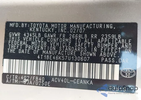 2007 Toyota Camry Ce из США, поврежденный, VIN 4T1BE46K57U130607